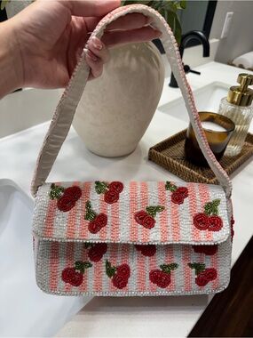 Beaded Cherry Embroidered Shoulder Bag - Pink/White